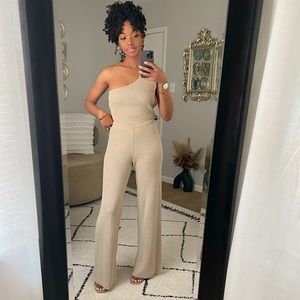 Knit one shoulder top and flare pants lounge set
